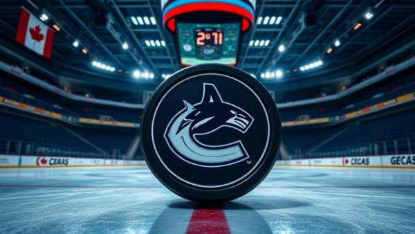 Vancouver Canucks puck on ice in empty arena.