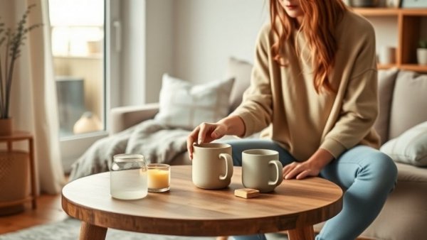 Cozy setting with a woman reaching for a mug, illustrating comfort in reducing frailty risks.