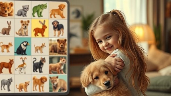 Animal-themed game calming puzzle with icons and warm hug scene.