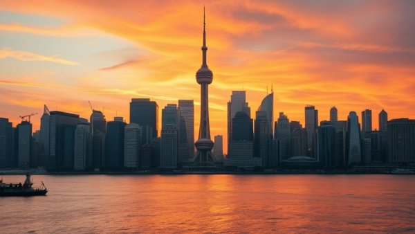 Vancouver tech skyline at sunset with iconic tower.