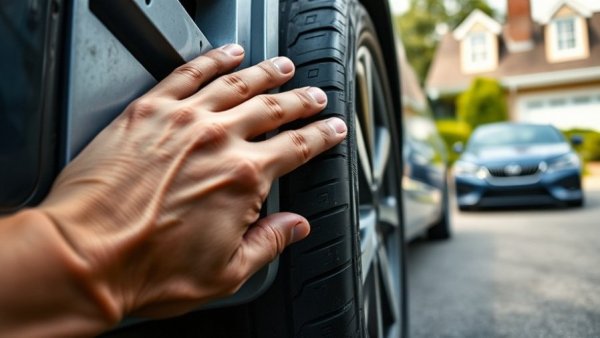 Tire warning signs inspection by hand on a parked car.