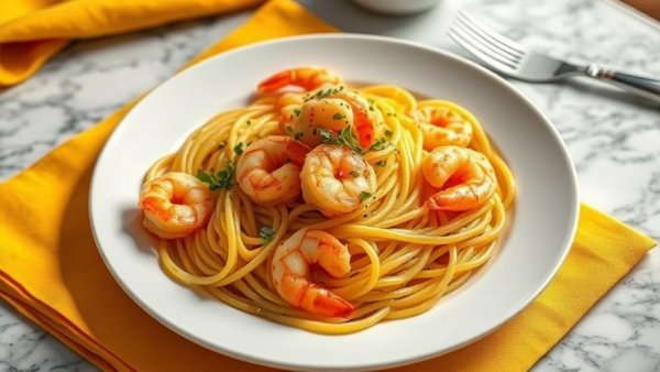 Gourmet shrimp pasta on white plate for buying the right size shrimp