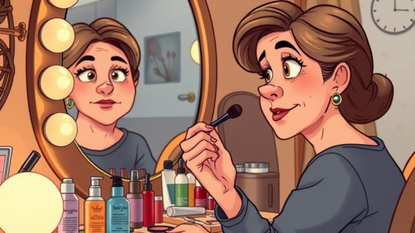 Middle-aged woman applying makeup surrounded by products and a portrait.