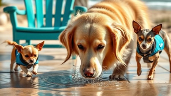 Keeping pets cool in Vancouver: Golden Retriever drinking, Chihuahuas on beach