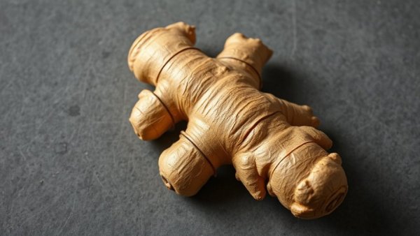 Fresh ginger root on textured gray surface.