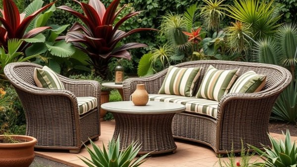 Woven furniture for outdoor spaces with striped cushions in a garden.
