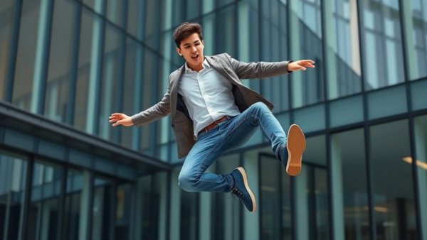 Young man balancing on stairs in modern building, highlighting fun and style.