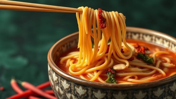 Spicy sour noodles in bowl with chopsticks lifting.