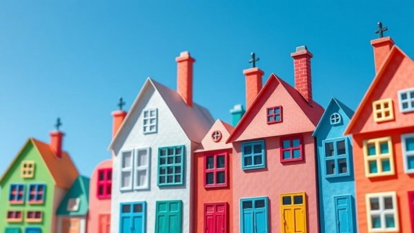Whimsical paper houses in vibrant colors under a bright sky.