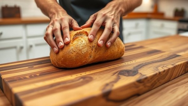 Best wooden cutting boards for families: hands slicing bread in a kitchen.