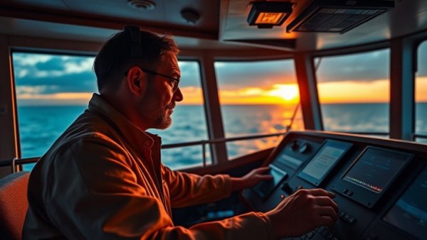Ship captain uses digital navigation tech against a sunset.