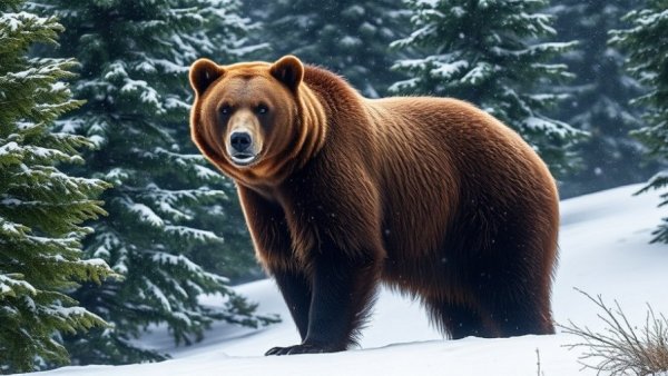 Grizzly bear standing on snow-covered ground at Grouse Mountain.