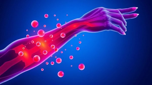 Illustration of compartment syndrome symptoms with colorful droplets around arm.
