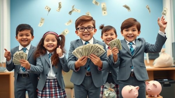 Kids celebrating with cash, humor in dividend stocks investment strategies.