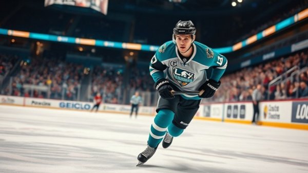 Hockey player in action on ice rink with crowd background.