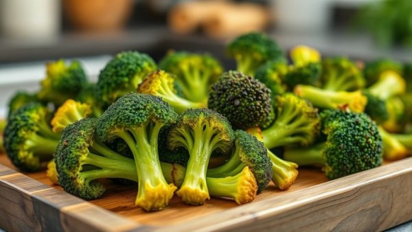 Close-up of dry roasted broccoli on a baking tray
