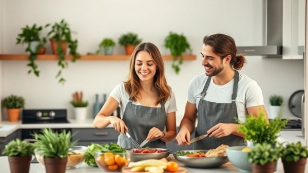 Couple cooking in a modern kitchen, promoting low-protein diets for healthy aging.