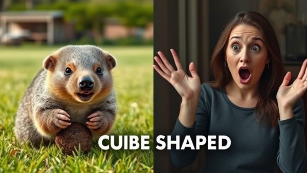 Weird fun facts: wombat with cube-shaped poop and surprised woman.