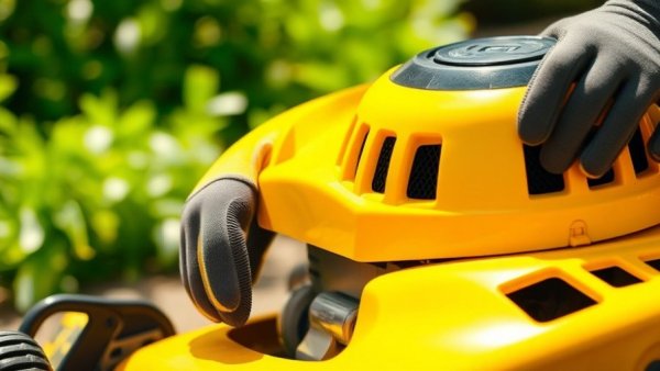 Person inspecting lawn mower for recall checks