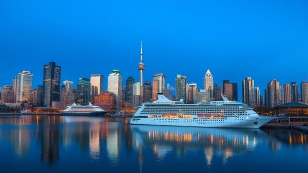 Vancouver skyline at dusk with cruise ship reflecting in calm water, showcasing Vancouver Tech.