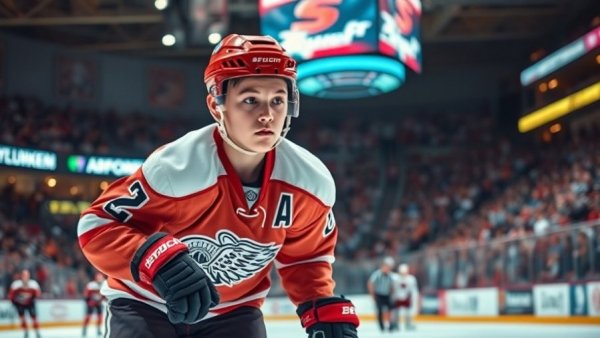 Young hockey player in action on the ice rink.