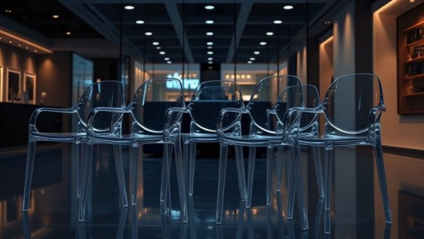 Transparent acrylic chairs in modern showroom display