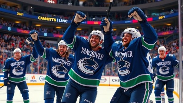 Vancouver Canucks players celebrate a victory on the ice with enthusiastic fans.
