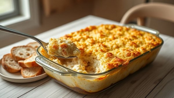 Golden crusted crab casserole with bread, Vancouver recipe.
