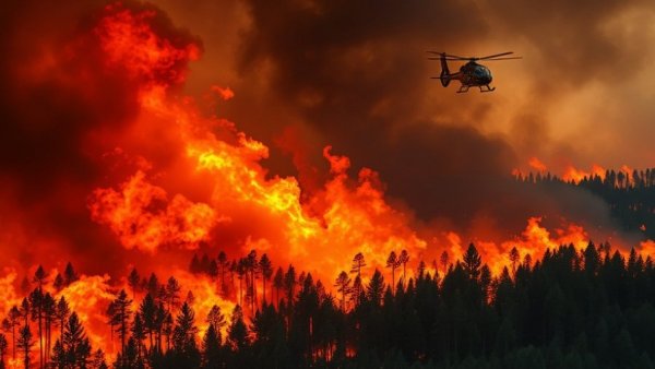 Intense wildfire B.C. backcountry access update scene with helicopter.
