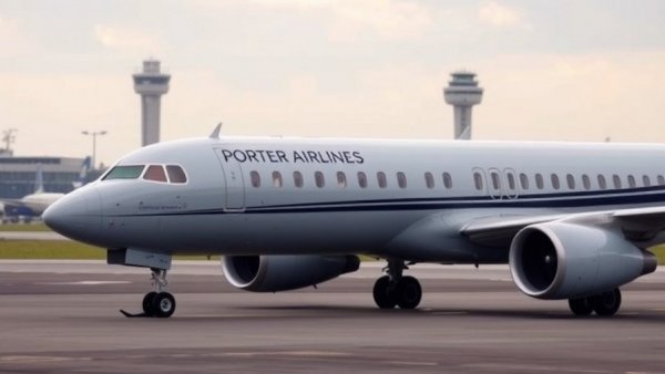 Porter Airlines plane standing on a runway near control tower.