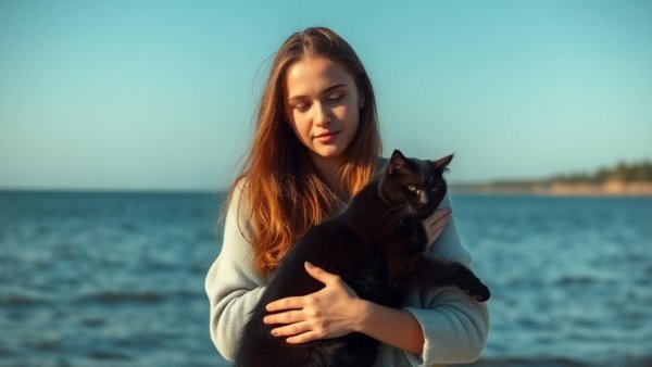 Discover how cat you really are: young woman holds black cat by the sea