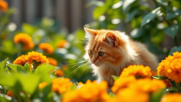 Fluffy orange cat in a backyard garden with safe plants.
