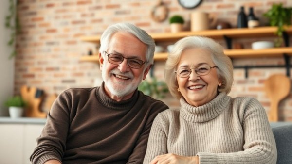 Cheerful couple in modern kitchen, aging in place retirement savings concept