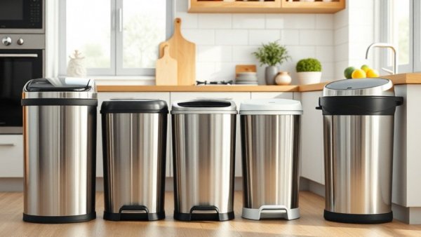 Modern kitchen trash cans for family use in stylish kitchen.
