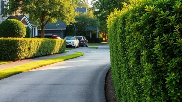 Home improvement Vancouver, lush green hedges beside driveway in suburban area.