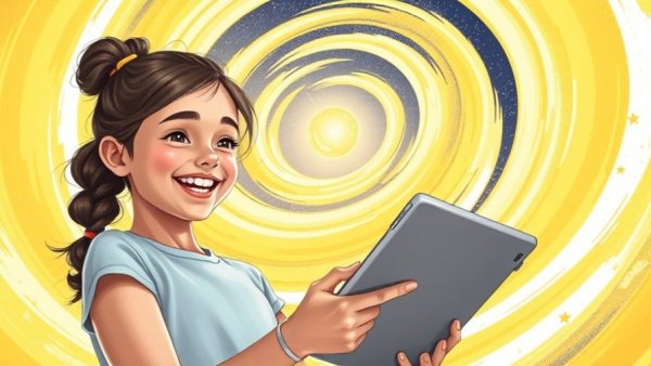 Young girl learning with tablet in a cosmic cartoon setting, Enya Learning.