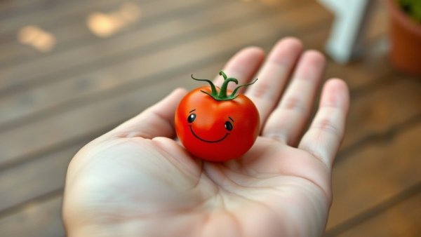 Tiny tomato in hand with humorous social media comment, restoring faith in humanity.