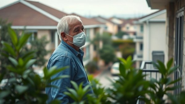 Summerland wildfire evacuees return, elderly man in blue shirt on a balcony.