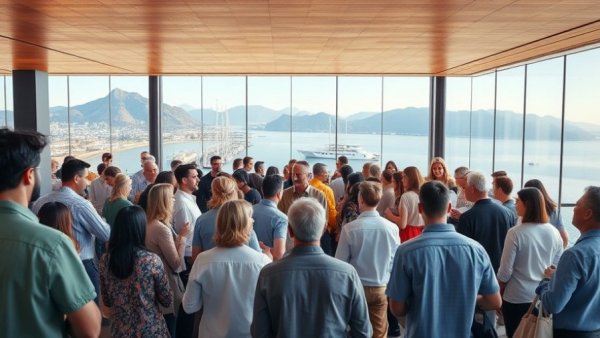 Attendees at BC Founders Day celebration networking indoors with waterfront view.