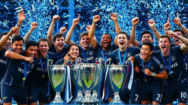 Vancouver Whitecaps celebrating Cascadia Cup victory in front of trophies.