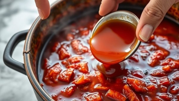 Hand pouring fish sauce into vibrant red stew in pot.