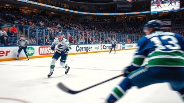 Vancouver Canucks player in action during game, dynamic ice hockey scene.
