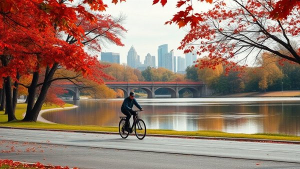 Autumn park scene with cyclist near lake and colorful foliage.