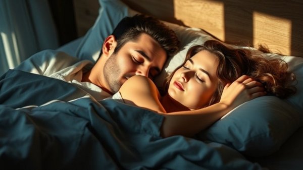 Couple sleeping peacefully, influence your risk of sleep apnea.