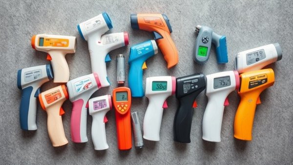 Assorted infrared thermometers for cooking on a gray surface.
