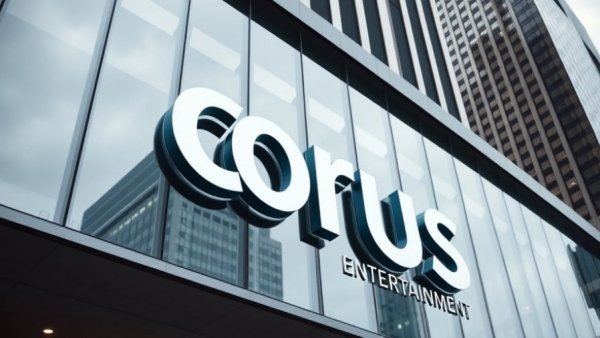 Corus Entertainment logo on glass building, depicting corporate presence.