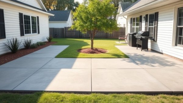 Backyard showing oversized concrete slabs and green lawn.