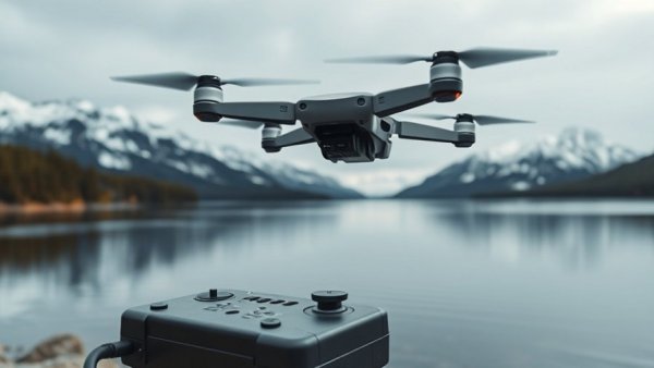 Drone data technology setup by a serene lake with mountains.