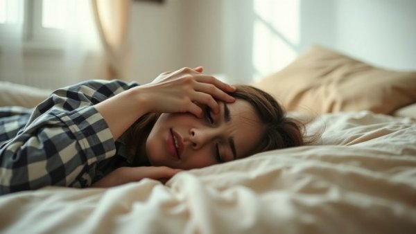 Distressed woman covering eyes on bed, depicting chronic dizziness POTS.