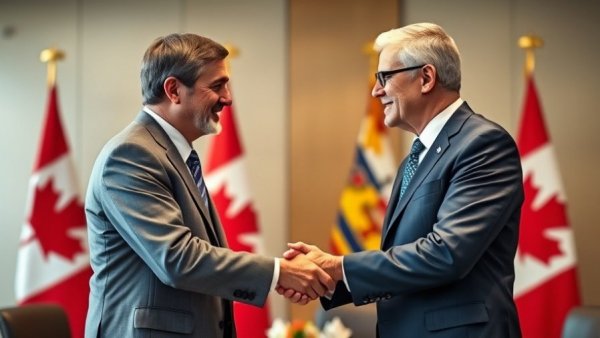 Canadian leaders shaking hands at conference, Canada trade war potash context.